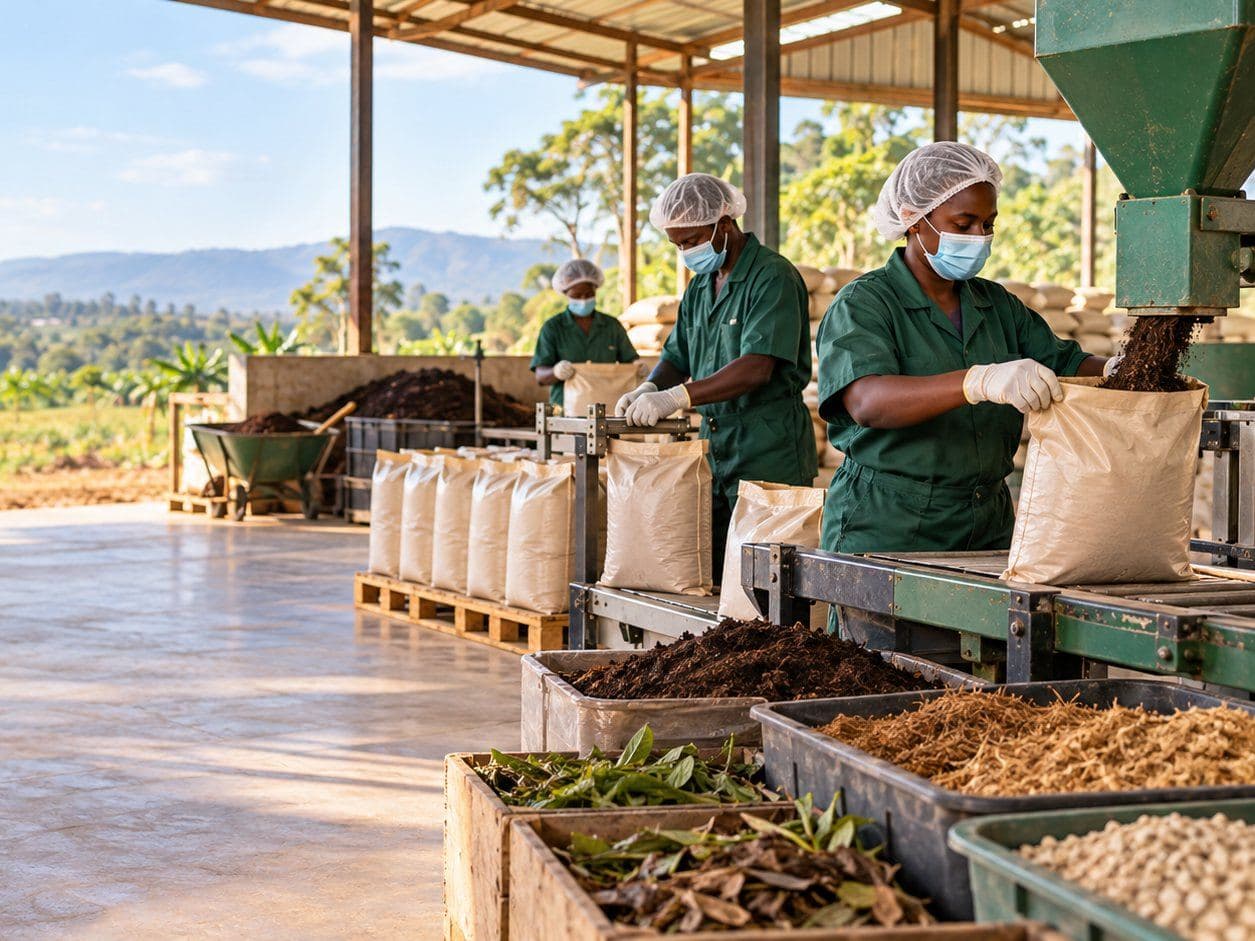 Workers in hairnets and masks bagging dark compost material under an open-sided shed.